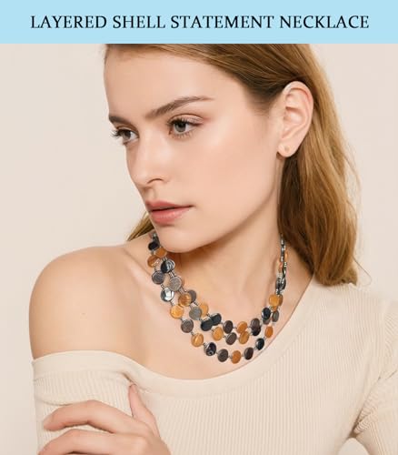 Noessla Layered Beaded Chunky Necklace for Women Boho Two-color Shell Statement Necklace Fashion Collar Costume Jewelry Gifts for Mum - color: Brown