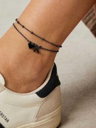 Silvora Ankle Bracelets for Women Waterproof 14K Gold/Silver/Black Initial Anklet for Women Dainty Layered Heart Ankle Bracelets Stainless Steel Adjustable Foot Chain Anklet Summer Beach Jewelry - color: Black-Stainless Steel, size: 11.K