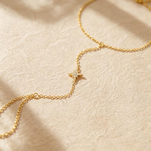925 Sterling Silver Hand Chain Bracelet for Women,Non Tarnish 14k Gold Plated CZ Crystal Heart Starburst Ring Bracelets Hand Chain Dainty Diamond Layered Stackable Link Chain Beach Waterproof Graduation Wedding Gifts - color: GoldA