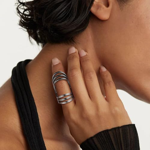 HZMAN Vintage Retro Stainless Steel Ring for Women - US Size 7-10 Multi-Layer Split Design Bark Texture Nature-Inspired Boho Jewelry
