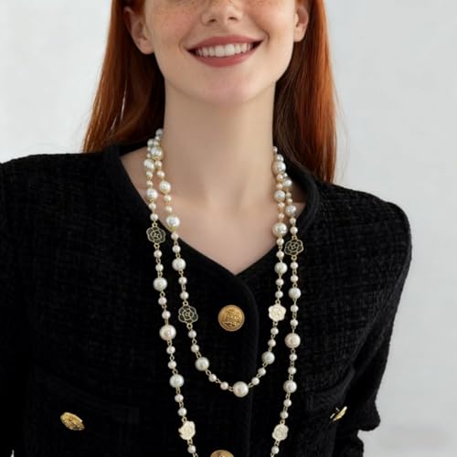 Layered Pearl Necklaces for Women Big Pearl Long Chain Necklace Dainty Faux Pearl Necklaces Statement Sweater Strand Chain Jewelry - style: SetE