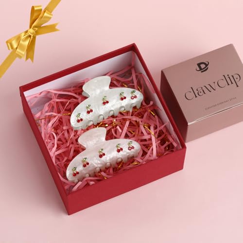 2PCS Cherry Hair Clips for Women Girls – Kawaii Fruit Medium Unique Claw clips, Trendy Handmade Look Acetate Hair Accessories for Thin Hair - color: Cherry Pink and White