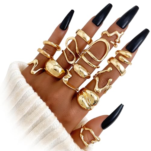 IFKM Gold Chunky Rings Set for Women 14k Gold Plated Thick Dome Stackable Open Rings Trendy Dainty Minimalist Jewelry Gifts - color: Gold, style: Irregular