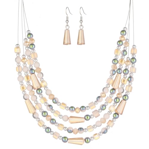 Errally Layered Beaded Statement Necklace Multi Strand Crystal Beads Collar Necklace and Earring Sets for Women Fashion Costume Jewelry Set Gifts for Her - color: Champagne