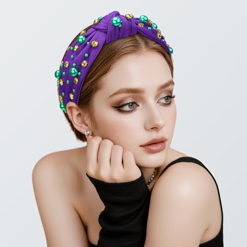WantGor Pearl Knotted Headband, Women Rhinestone Embellished Hairband Elegant Wide Top Knot Bride Headbands Headpieces Party Fashion Elegant Ladies Hair Band Hair Hoop Accessories (Dark Purple) - color: Dark Purple