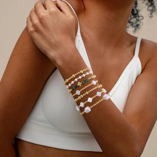 VIBILIA Gold Beaded Bracelets Set for Women 14K Gold Plated Dainty Pearl Cross Bracelet Stack Stretch Bracelet Set Fashion Accessories Gifts - color: 7P-SYC