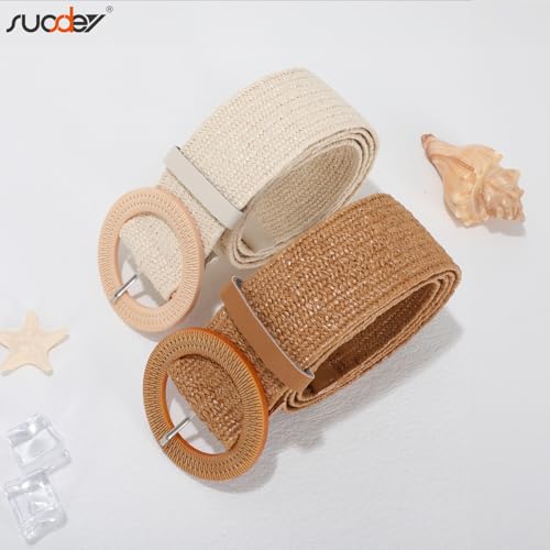 SUOSDEY 2 Pack Straw Woven Elastic Belt Braided Stretch Wide Boho Rattan Waist Belt for Women Dresses - color: 01-brown+beige(round Buckle), size: Fit Waist up to 35''
