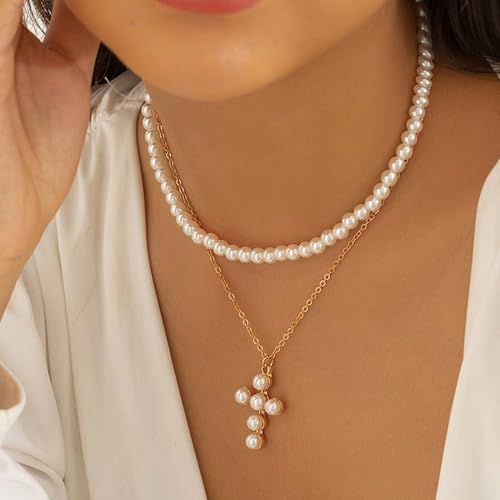 Trinckle Pearl Necklaces for Women, Gold Pearl Choker Single Pendant Necklace Layered Daisy Jewelry for Prom Birthday Gifts, Prom Wedding Strands for Bride Bridesmaids as Beach Summer Accessories - style: White necklace