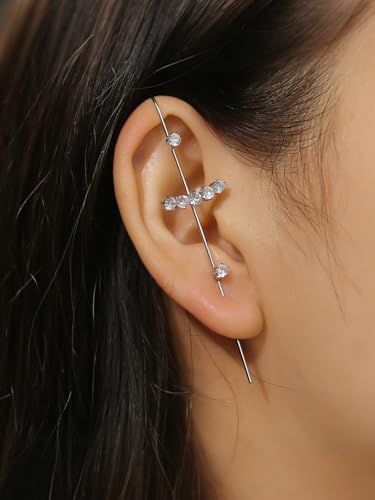 Ear Wrap Hook Earrings for Women Fashion Ear Cuff Crawler Earrings Silver Gold Long Piercing Crystal Curve Style Earring Stick Ear Wrap Earring Rhinestone Trendy Jewelry Gifts - color: curve-silver