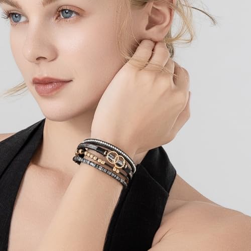 FANCY SHINY Boho Leather Wrap Bracelet Stackable Infinity Chunky Cuff Bracelets Western Hippie Outfits Jewelry Valentine Gifts for Women - color: Shiny Black