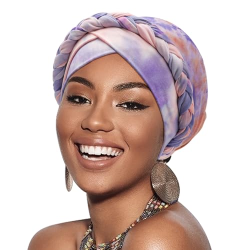 DRESHOW Turban Pre-Tied Twisted Hat Thread African Head Wraps for Black Women Chemo Cancer Cap Braid Hair Cover - color: 1 Pack Tie-dye Gradient: Purple & Pink