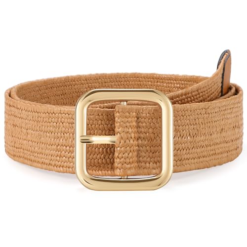 XZQTIVE Straw Woven Elastic Belt for Women Stretch Waist Belt for Dress Boho Raffia Ladies Belt with Gold/Sliver Buckle - color: Brown, size: Fit Waist Size Below 41"