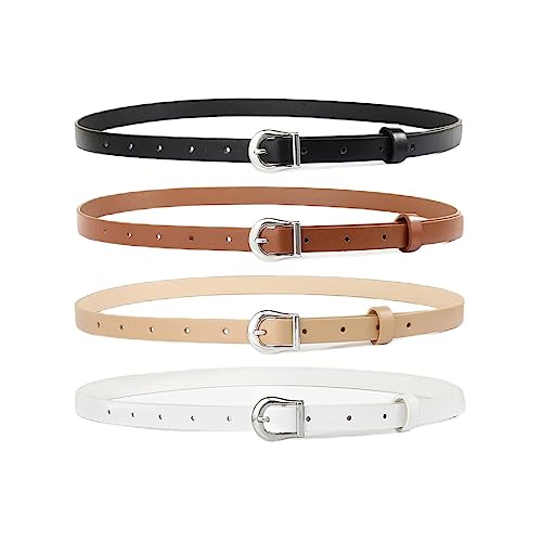 HOTWILL 4 Pack Women Skinny Belts for Jeans Dress Thin Waist Belt for Ladies - color: Silver Buckle a Black Beige Brown White, size: Large