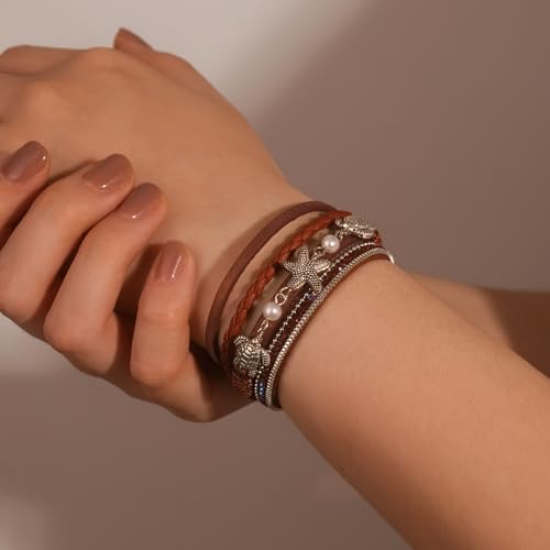 FANCY SHINY Turtle Starfish Leather Wrap Bracelet Boho Rhinestone Pearl Cuff Bracelets for Women Summer Beach Jewelry for Women - color: Burgundy