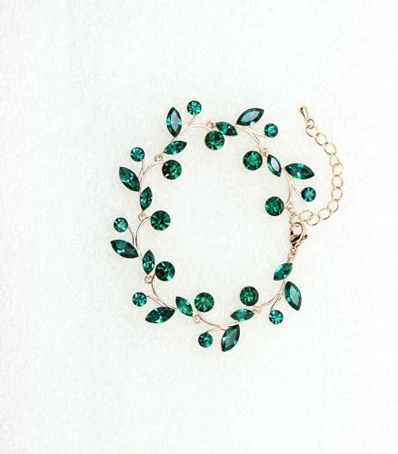 Faship Gorgeous Rhinestone Crystal Floral Necklace Earrings Set - color: Green / Rose gold plated / Matching Bracelet