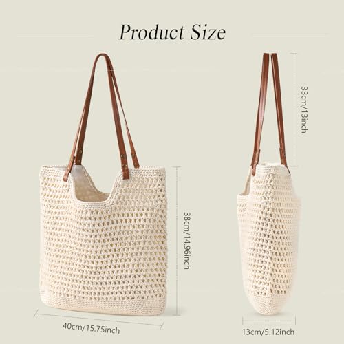 Sightor Crochet Beach Bag, Woven Tote Bag Summer Boho Bag Travel Casual Shoulder Bag for Summer Vacation - color: Beige