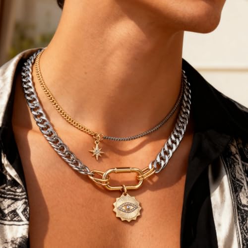 Layered Chain Necklace for Women men Vintage stackable Evil Eye Star Pendant Necklace Chunky Horsebit Clasp Statement Choker Trendy Punk Jewelry Gifts