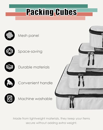 WTREE 4-Piece Packing Cubes Travel Accessories Set for Suitcases - Luggage Organizer Bags with Double Zipper - Mesh Top - Small/Medium/Large/Slim - Beige - color: Beige, size: Slim, Small, Medium, Large
