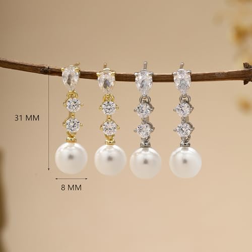 Pearl Earrings for Women Dainty Diamond Pearl Drop Earrings 14k Gold Plated Dangle Earrings for Women Weddings Gifts Bridesmaid Gifts - color: C-silver pearl earrings