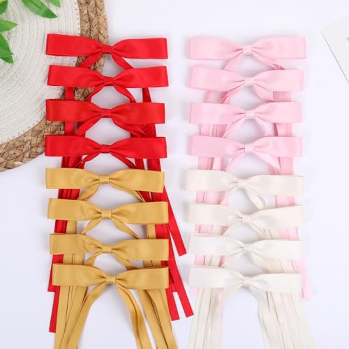 WORTL Hair Bows Clips Coquette Ribbon Bowknot with Long Tail Princess Hair Bows French Barrettes Hair Accessories for Women Girls 16PCS (red，Cream，Pink，Yellow) - color: red，Cream，Pink，Yellow