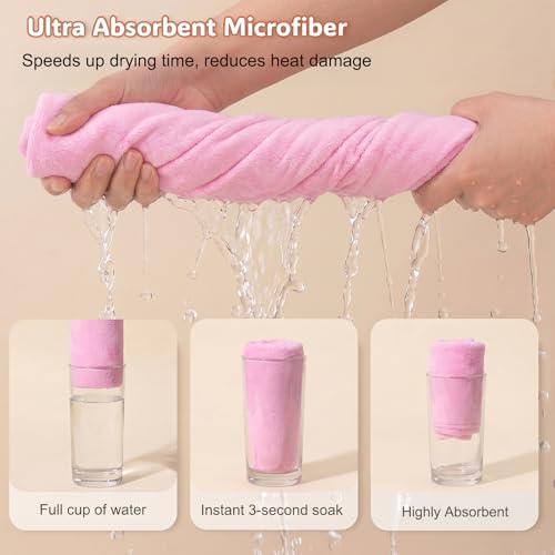 Basumee Microfiber Hair Towel Wrap for Kids 2 Pack Rapid Drying Hair Towel with Button Hair Turbans for Wet Hair Wraps Head Towel Wrap for Women and Girls - color: Purple Pink