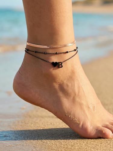Silvora Ankle Bracelets for Women Waterproof 14K Gold/Silver/Black Initial Anklet for Women Dainty Layered Heart Ankle Bracelets Stainless Steel Adjustable Foot Chain Anklet Summer Beach Jewelry - color: Black-Stainless Steel, size: 18.R