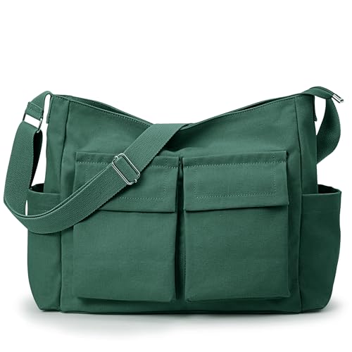 KALIDI Canvas Tote Bag Large Hobo Crossbody Shoulder Handbag Zipper Messenger Bag for Women or Men Casual College Work - color: Upgraded Dark Green
