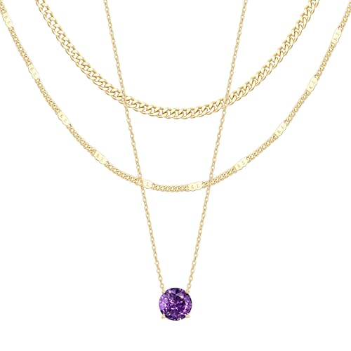 WomenGifts Layered Gold Necklaces for Women, 14K Gold Sterling Silver Plated Dainty Pendant Necklace Set Non Tarnish, Chunky Stackable Cuban Chain Choker, Trendy Birthstone Vacation Jewelry Gift - color: Gold, style: Cubic Zirconia-Created Amethyst-Feb