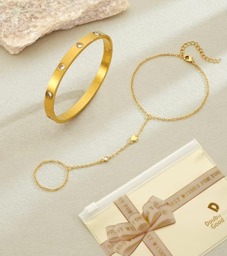 doubgood Gold Bracelets for Women, 5 Piece 14K Gold Plated Bracelet Stack Beaded Ball Jewelry Sets Gifts for Women - color: Style 6-Gold Hand Chain+Bangle