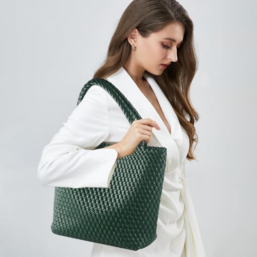 Hand Woven Bag Tote BagS For Women Top Handle Shoulder Vegan Leather Large Travel Beach Hobo Handbag - color: Dark Green