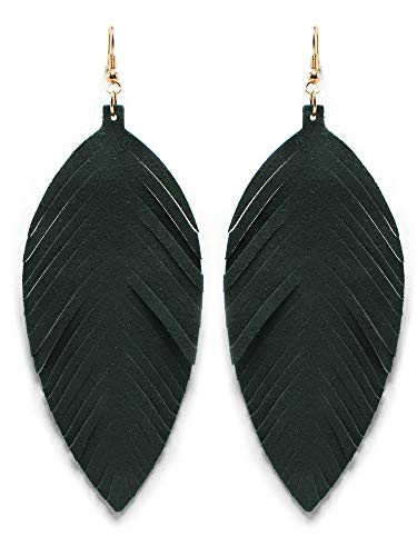 Large Genuine Soft Leather Handmade Fringe Feather Lightweight Tear Drop Dangle Color Earrings for Women Girls Fashion - color: Emerald