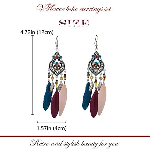Bohemian Earrings Feather Tassel Silver Ethnic Retro Boho Dangle Earring Bead Women Jewelry for Birthday Party Gifts (Multicolor) - color: Multicolor