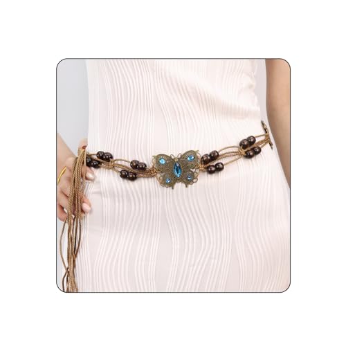 Women Braided Waist Belt Boho Woven Belt with Wooden Beads and Ring Clasp Vintage Long Tassel Rope Tie Belt for Dress - color: Brown 4