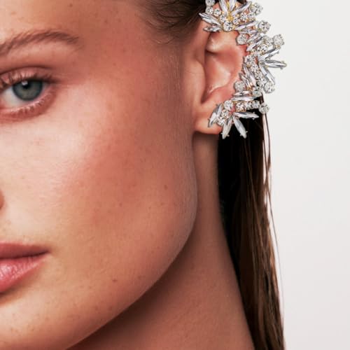 Rhinestone Silver Full Ear Cuff Earrings for Women Ear Clip Wrap Statement Climber Crawler Earrings for Women Hypoallergenic Silver Wedding Jewelry Gifts - color: Gold-Full