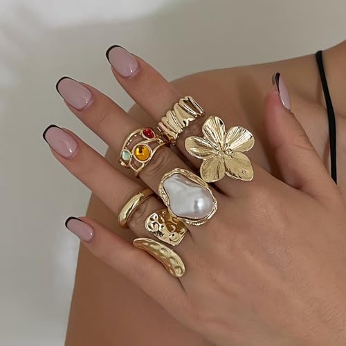 Chunky Gold Rings for Women Non Tarnish Statement Flower Ring Baroque Pearl Stackable Rings Set 6Pcs Chunky Jewelry - color: Gold