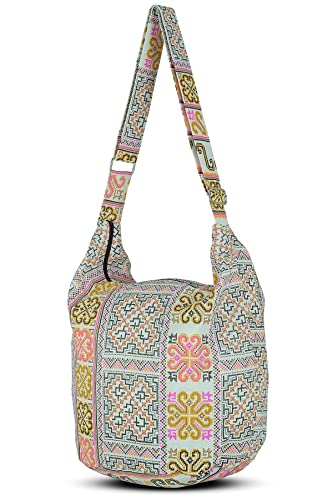 Your Cozy Hobo Sling Bags For Women Crossbody Bag Thai Top Handmade Shoulder Bag with Adjustable Strap - color: Tribe-white