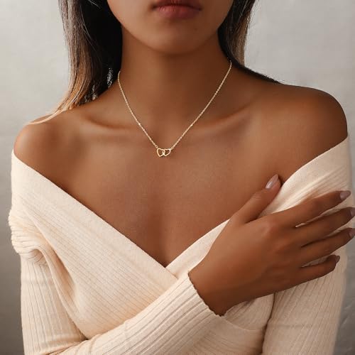 Heart Necklace for Women Dainty 14K Gold/Silver Plated Love Charm Pendant Choker Adjustable Chain Meaningful Cute Jewelry Gift for Her Wife Best Friend Couple - style: Double Heart-GD
