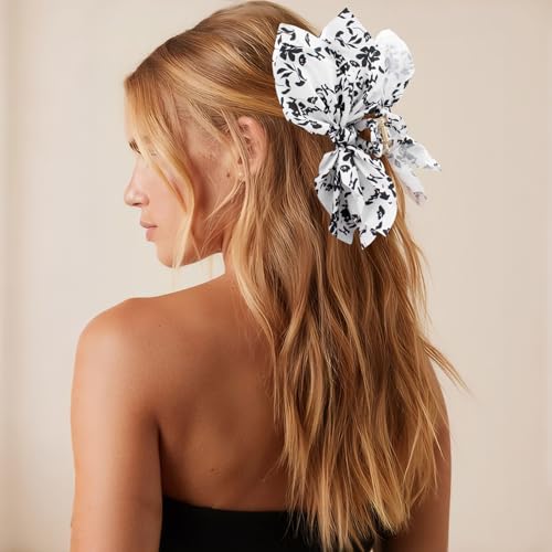 Bow Claw Hair Clips 2PCS Big Hair Bows for Women Butterfly Styling Large Hair Clips for Thin Thick Curly Hair for Girls Hair Accessories for Teens Gifts for Valentine's Day - color: 2PC-Black+White Floral