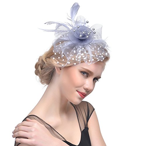 DRESHOW Fascinators Hat Flower Mesh Ribbons Feathers on a Headband and a Clip Tea Party Headwear for Girls and Women - color: 7" Diameter / Grey