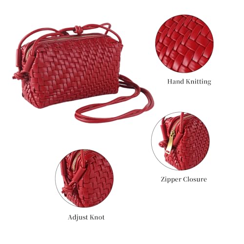 Woven Crossbody Bags for Women Handwoven Purses Vegan Leather Small Handbag Handmade Shoulderbag | Lightweight - color: Red