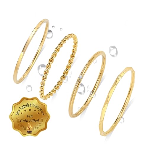 CONRAN KREMIX Waterproof Gold Stackable Rings for Women Non Tarnish,Dainty 14K Gold Plated Thin Thumb Ring Set Trendy Minimalist Rings for Women - color: Gold, size: 5