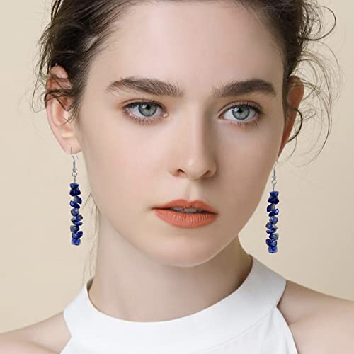 Handmade Bohemian Vintage Silver Nature Stone Beads Long Dangle Drop Earrings for Women - color: Navy Black