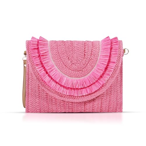 Crossbody Bags for Women, Straw Clutch Purses, Bohemian Handmade Woven Envelope Package, Tassel Handbags for Women | Bohemian - color: Light Pink