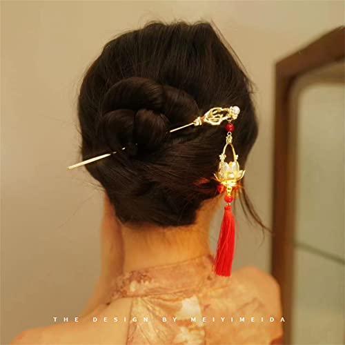 Lantern Light Tassel Hairpins Hair Stick Chinese Coiled Hair Antique Hair Pin Hair Accessories for Women 1 PC Red Bead - color: Red Bead