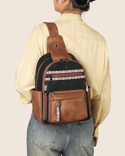 FADEON Large Sling Bag for Women, Leather Crossbody Purse Designer Anti Theft Sling Backpack, RFID Fanny Packs for Travel - color: Retro Black With Brown