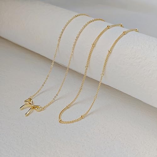 OGD Gold Necklace for Women, Bow Necklace 14K Layered Gold Necklace Dainty Bow Pendant Choker Necklace Trendy Bow Necklace Gold Chain Necklaces for Women Jewelry Gift - color: Gold Bow-2PCS