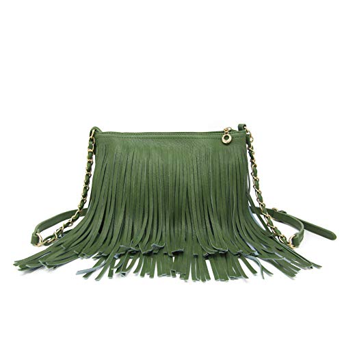 Solene Fringe Crossbody Shoulder Bag with Strap, Tassel Messenger bag, Country Style Western Fringe Purse for Women - color: Olive