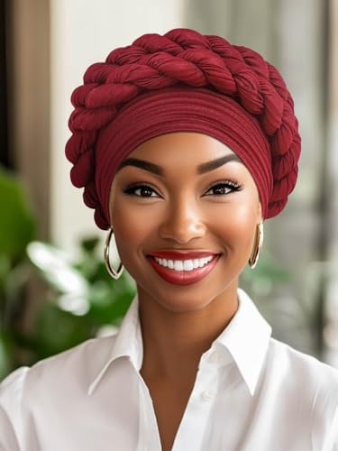 Woeoe Women African Turbans Pre-Tied Twisted Grey Hat Rhinestone Stretchy Head Wrap for Church Party - color: Claret