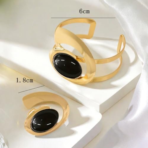 Boho Open Bracelet Ring Set for Women Black and Gold Jewelry Set Oval Cuff Bracelet Adjustable Ring Vintage Jewelry - style: Black