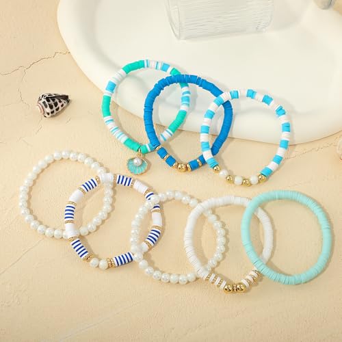 GOOJIDS Surfer Heishi Clay Bead Bracelets for Women Bohemian Stackable Gold Plated Beaded Stretch Bracelets Elastic Layering Friendship Bracelets Set Boho Jewelry - color: B-Blue Seashell Set